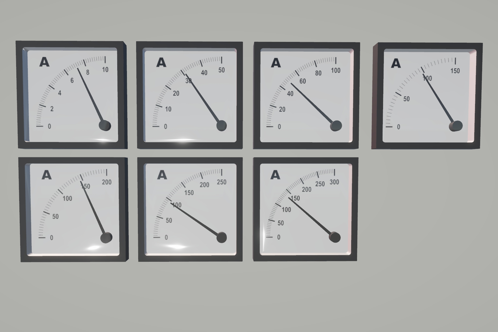 Seven analog ammeter variants with different current ranges