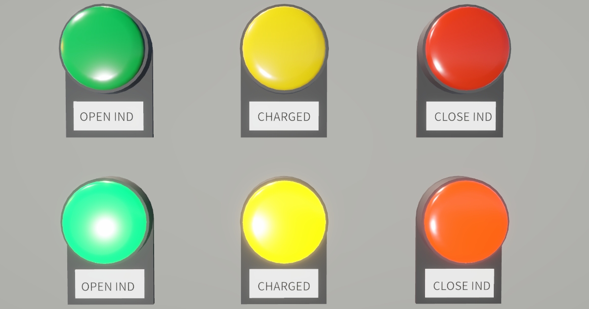Green, yellow, and red industrial indicator light models with label plates