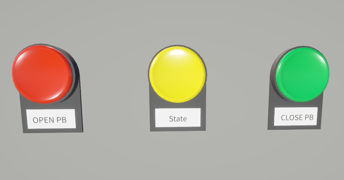 Red, yellow, and green industrial push button models with label plates